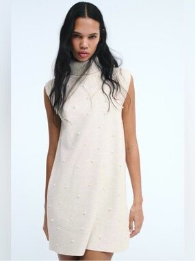 Zara Cream Sleeveless Turtleneck Mini Dress with Pearl Details
